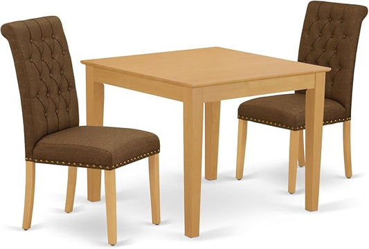 East West Furniture OXBR3-OAK-18 3 Piece Dinette Set for Small Spaces Contains a Square Dining Room Table and 2 Brown Linen Linen Fabric Upholstered Chairs, 36x36 Inch, Oak