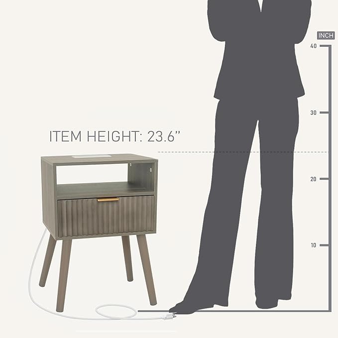Night Stand with Charging Station, Modern Bedside Table with Drawer and Solid Wood Legs, Fluted Side End Table for Bedroom, Dorm and Small Space (Grey)
