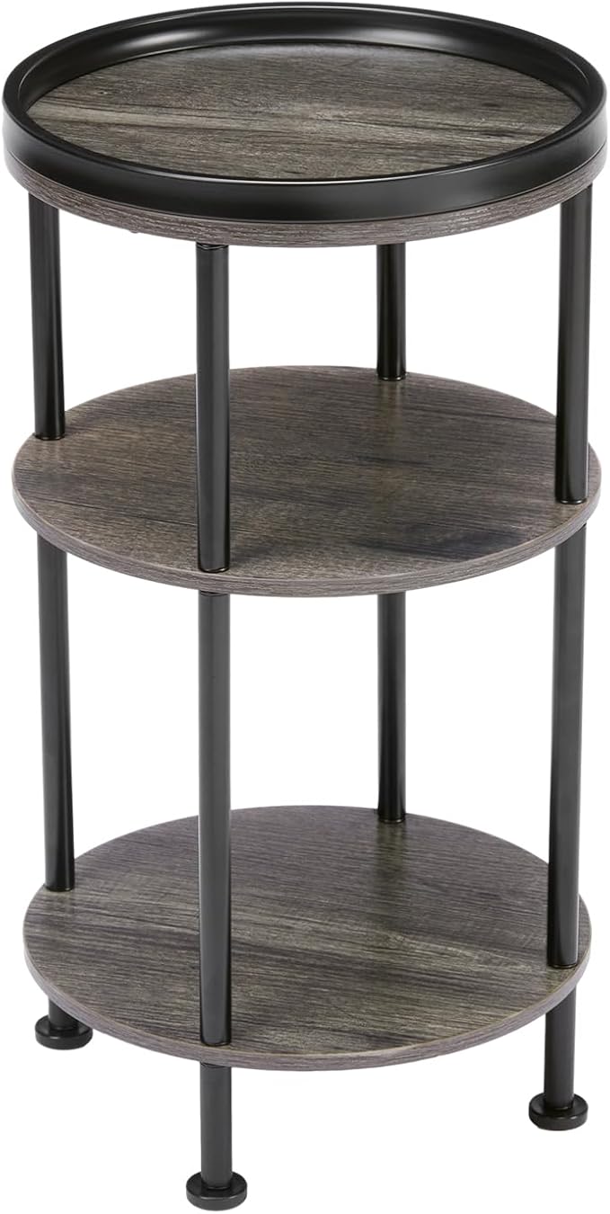 Small Round Side Table for Small Spaces, 3-Tier Round Accent Table Slim Side Table, Modern Sofa Corner Table for Living Room Nightstand Bedroom (Grey)