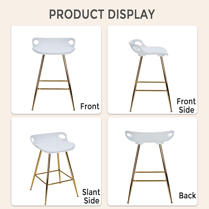 Sidanli Bar Stools Set of 2, Gold Bar Stools, Counter Height Stools with Leather Padded Seats and Footrests, 26 Inch White Barstools for Kitchen Island, Farmhouse or Home Bar