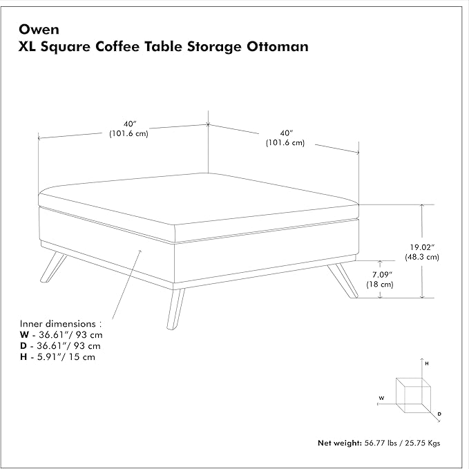 SIMPLIHOME Owen 40 inch Wide Mid Century Modern Square XL Coffee Table Storage Ottoman in Distressed Black Vegan Faux Leather, Assembled, for The Living Room, Entryway and Family Room