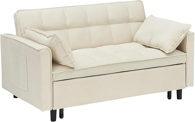 Ball & Cast Convertible Sofa Bed,Loveseat Sleeper Sofa W/Pull-Out Bed&2 Pillows,Convertible Pull Out Couch W/Adjustable Backrest&Side Pocket,Velvet Futon Couches for Living Room,Apartment,Beige,55"