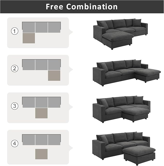 100" Modern Sectional Sofa with Convertible Ottoman,L-Shaped Couch Set W/ 2 Free Pillows,4-seat Polyester Fabric Indoor Luxury Furniture for Living Room, Apartment,Office,Dawn Grey