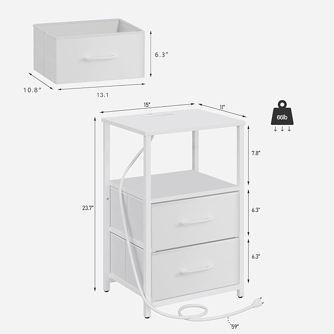 TUTOTAK LED End Table with Charging Station, Nightstand with Cloth Drawer, Side Table with 1 USB Port and 1 Type-C Port, Set of 2, Couch Table, White TB01BW052L