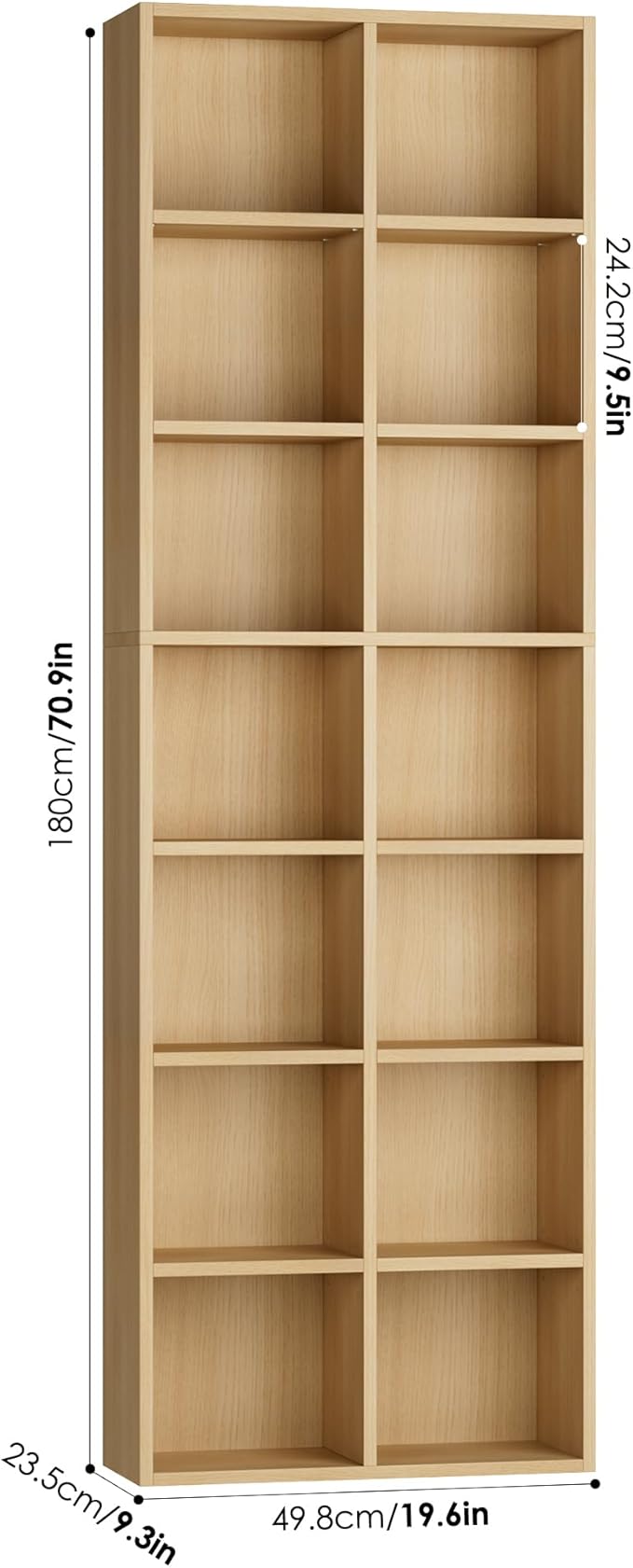 FOTOSOK 71’’ Narrow Bookshelf and Bookcase, Wooden Shelf 7 Tier Media Storage Tower Rack, CD DVD Storage Tower Rack with Adjustable Shelves,Double Wide Slim Bookshelf Cube Storage Organizer, Natural