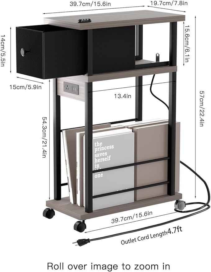 Side Table with Charging Station and Drawer, Narrow End Table with USB Ports and Outlets for Small Space, Living Room, Bedroom and Office, with 4 Wheels (1, Greige + Black)