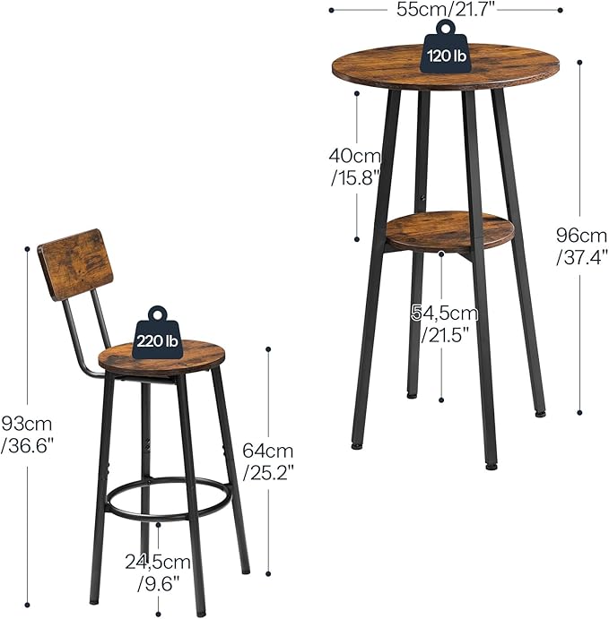 HOOBRO 3 Pieces Round Bar Height Table and Chairs Set, Round Dining Table Set, Pub Table and Chairs for Small Space, 2 Tier Kitchen Table and Bar Stools with Back, Rustic Brown BF35BT01