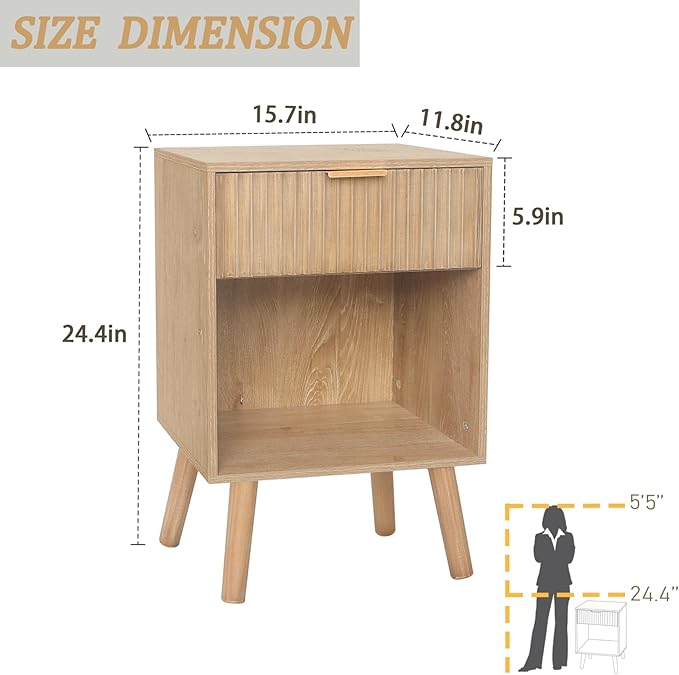 Night Stand with Drawer, Mid Century Nightstand with Storage, Modern Fluted Bedside Table Bedroom Living Room for Small Space, Office (Rustic Walnut)