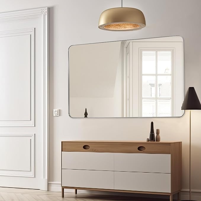 Silver Wall Mirror, 30x48 Inch Rounded Rectangle Vanity Mirror for Bathroom, Anti-Rust, Shatterproof, Farmhouse Wall Mounted Horizontal/Vertical