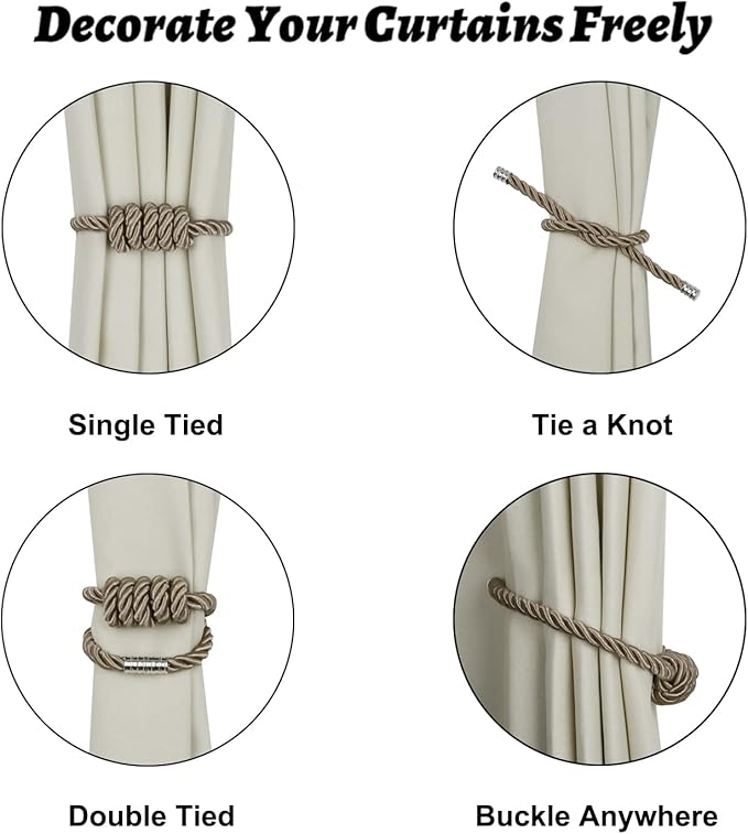 BEL AVENIR Magnetic Curtain Tiebacks, Decorative Drapery Holdbacks Modern Woven Tie-Backs with Exquisite Knot (Flaxen, 2 Pack)