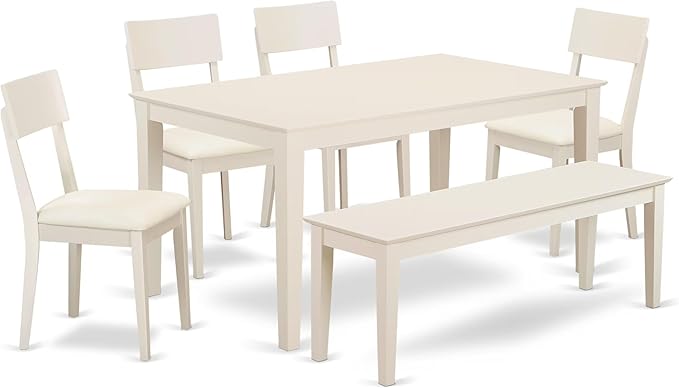 East West Furniture CAAD6-LWH-LC 6 Piece Dining Table Set Contains a Rectangle Dining Room Table and 4 Faux Leather Upholstered Chairs with a Bench, 36x60 Inch, Linen White