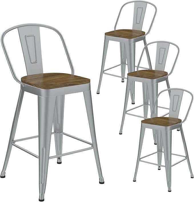 Metal Bar Stools Set of 4, High Back Bar Stools with Wooden Seat, 26 inch Silver Barstools for Kitchen Island