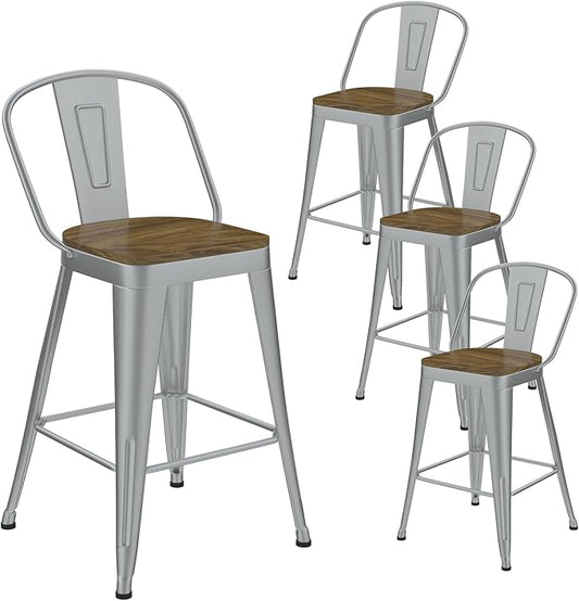 Metal Bar Stools Set of 4, High Back Bar Stools with Wooden Seat, 26 inch Silver Barstools for Kitchen Island