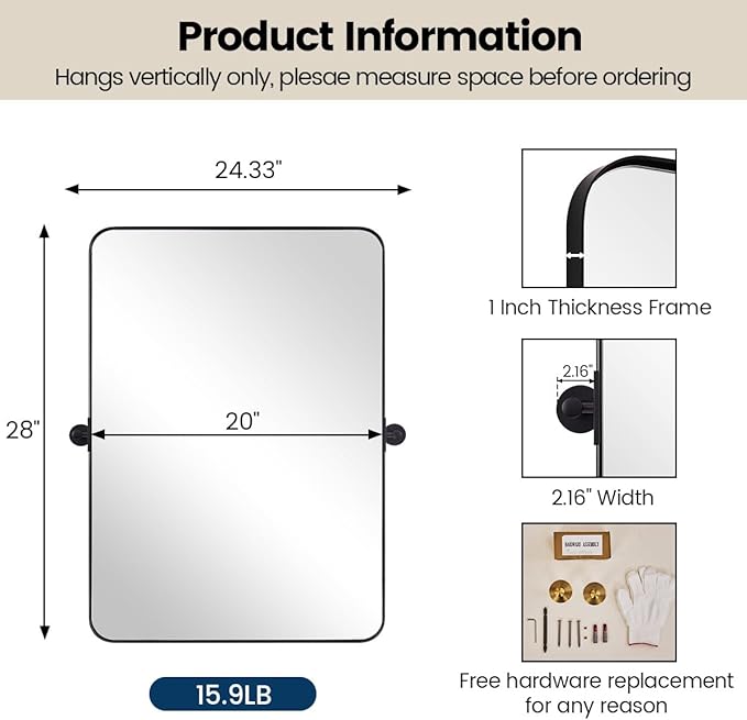MOON MIRROR 20" x 28" Black Metal Framed Pivot Rectangle Bathroom Mirror, Tilting Rounded Rectangular Vanity Mirror for Wall Mounted Hangs Vertical only