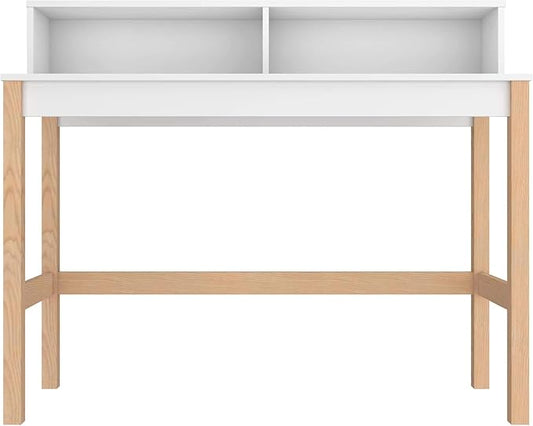 Manhattan Comfort Bowery 47 Inch Mid Century Modern Home Office Desk, Study Table or Entryway Furniture with 2 Cubbies and Rustic Wood Base, White/Oak