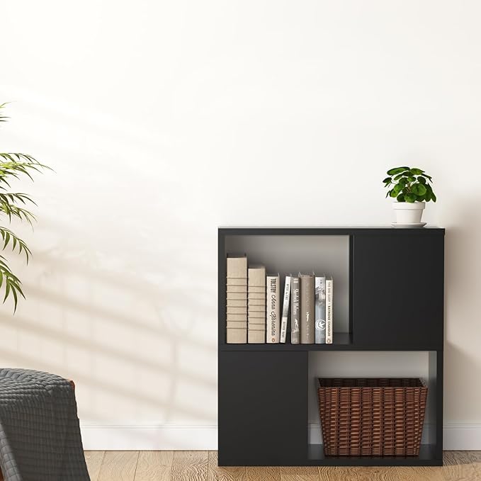 GHC 2 Tier Bookshelf, Wood Decorative Storage Shelving, Modern Freestanding Display Shelves, Tall Book Shelf Unit for Living Room, Bedroom, Office-Black