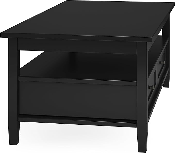 SIMPLIHOME Warm Shaker Coffee Table - 48 inch Wide Solid Wood Cocktail Table in Black, Transitional Living Room Table with 2 Storage Drawers and Open Shelf for Sitting Area or Lounge