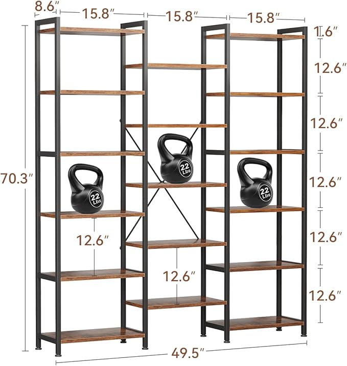 Casaottima Triple 6 Tier Bookshelf, Large Bookcase with 17 Open Display Shelves, Modern Industrial Book Shelves Book Case for Bedroom, Wide Standing Shelving Unit for Living Room Home Office, Vintage