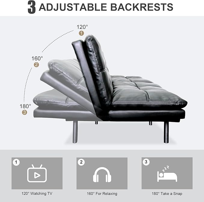 Vipbear Futon Sofa Bed Couch, 71" Convertible Sofa Bed, Space-Saving Loveseat with Adjustable Backrest & Armrest for Living Room,Apartment,Office,Black Sleeper Sofa