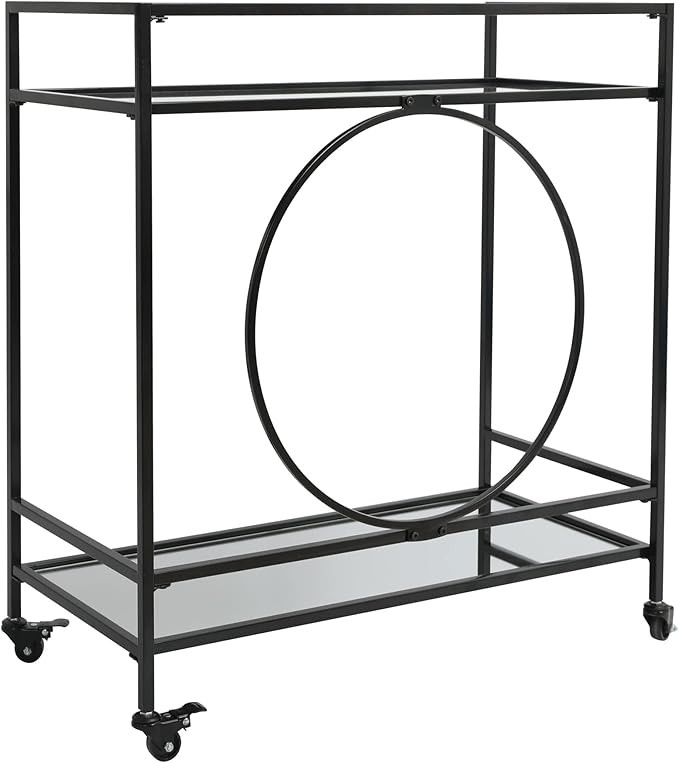 RiteSune Black Bar Cart with Wheels, Vintage Serving Cart Wine Cart with 2 Mirror Shelves, Alcohol Cart Liquor Bar Carts for Home Bar