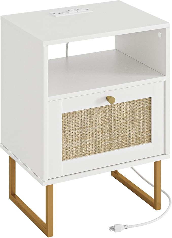 Masupu Rattan Nightstand with Charging Station,Modern Boho Farmhouse Wood Bedside Table with Storage Drawer and Open Shelf,Small Gold Frame Side End Table for Bedroom,Living Room,Office White
