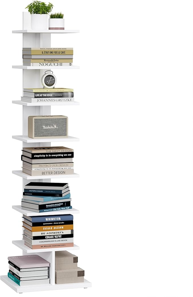 TUTOTAK Narrow Bookshelf, 8-Tier Bookcase, Spine Book Shelf for Small Space, Corner Standing Shelf for Living Room, Office, Study, Entryway, White BS06BW008