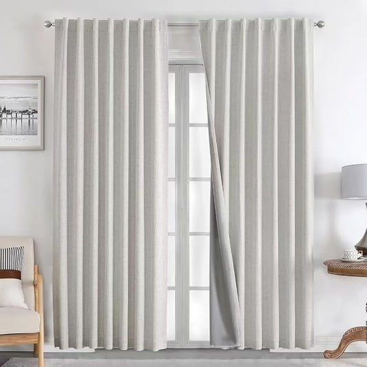 Joydeco Natural Linen Curtains 90 inch Length 2 Panels Set Burg 100% Blackout Patio Door Curtain Room Darkening Sliding Door Curtains Thermal Insulated Back tab Rod Pocket(105x90 inch, White)