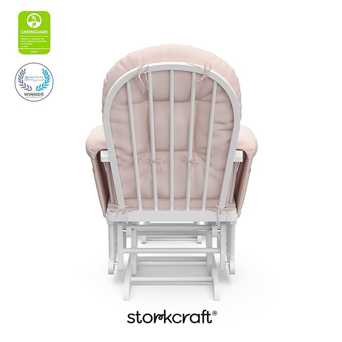 Storkcraft Premium Hoop Glider & Ottoman (White/Pink) — GREENGUARD Gold Certified Nursery Glider, Solid Wood Craftsmanship, Smooth-Gliding Nursery Chair and Ottoman, Award-Winning