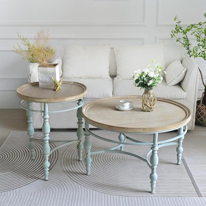 Rustic Farmhouse Round Coffee Table, French Country Vintage Center Table,φ31.5'' x18.9''H Rustic Solid Wood with Vintage Iron Legs, for Living Room, Bedroom,Dinning Room,Nature White