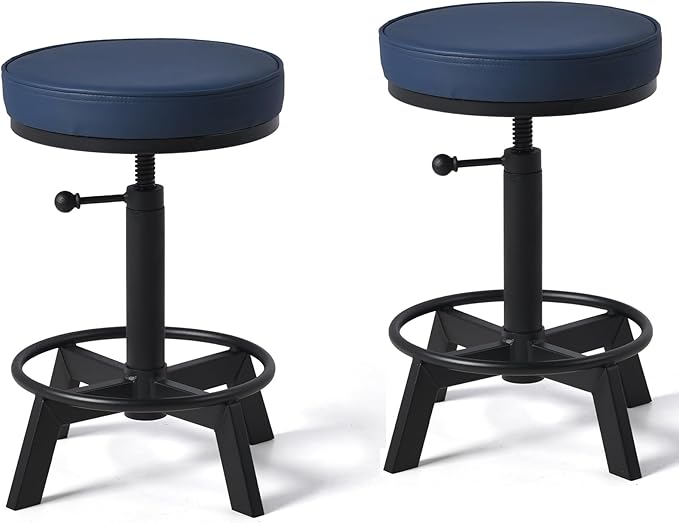 Vintage Short Bar Stools Industrial Swivel Counter Stools 17-24inch Height Adjustable Rustic Leather PU Seat Chairs for Kitchen Island Extra Seat Beside Sofa (Dark Blue)