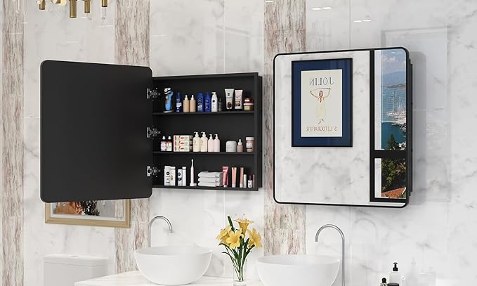 30x32 Inch Bathroom Medicine Cabinet with Mirror Black Metal Framed Mirror Cabinet Recessed or Surface Wall Mounted Medicine Cabinets for Bathroom