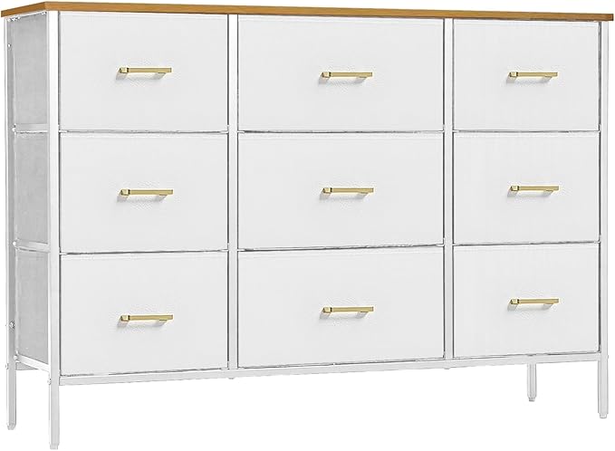 Wide TV Stand Modern TV Console, 9 Drawers Dresser for Bedroom, Fabric Storage Cabinet, Chest of Drawers for Closet, Nursery, Living Room（White）