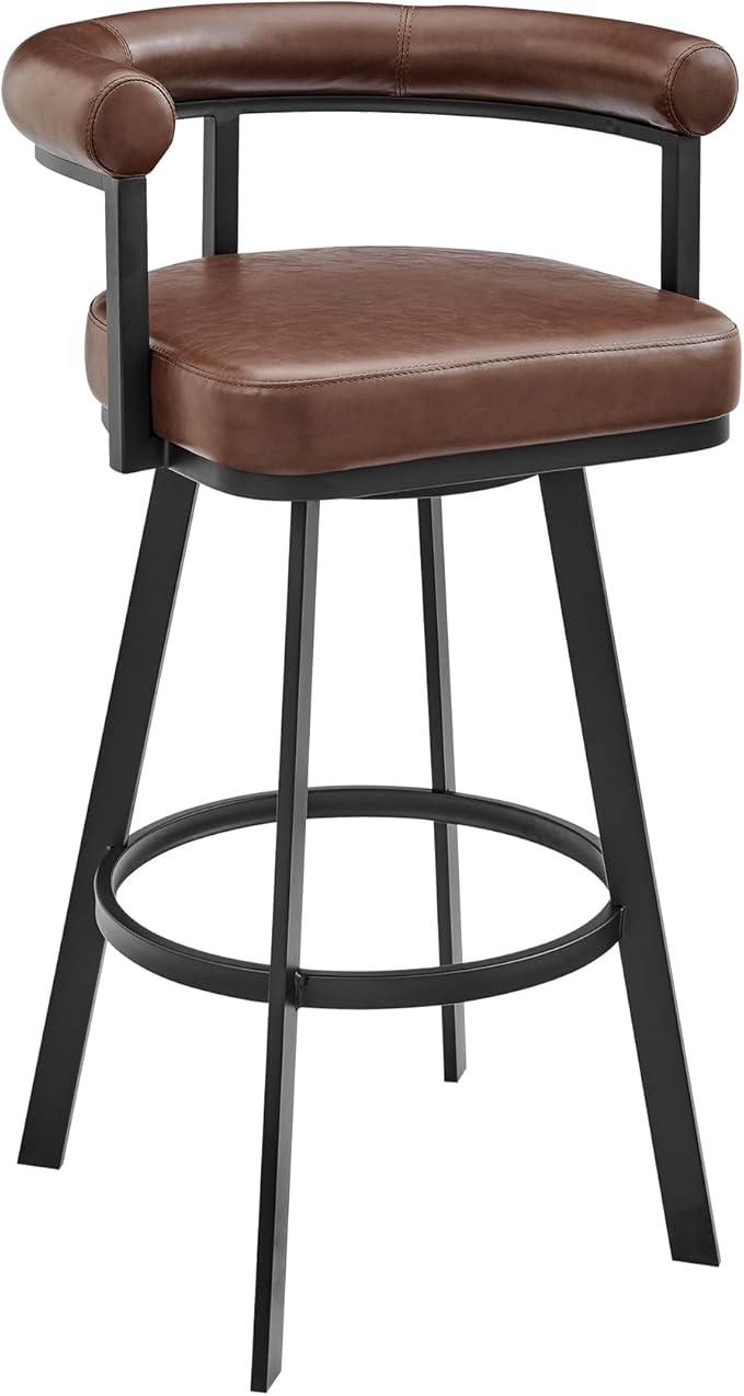 Armen Living Magnolia Swivel Counter Stool in Black Metal with Brown Faux Leather