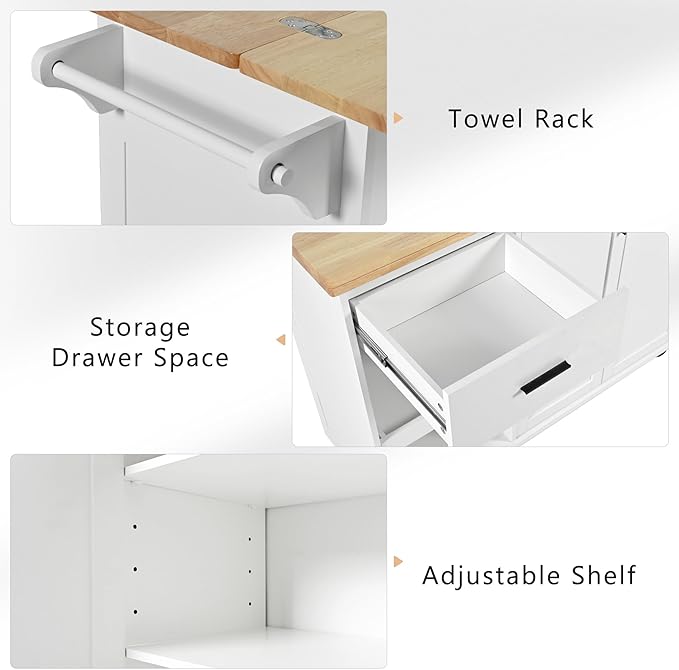 49" Foldable Kitchen Island Cart, White with Slide-Out Shelf, Towel Rack & Drawer, Rolling on Wheels, for Living & Dining Rooms