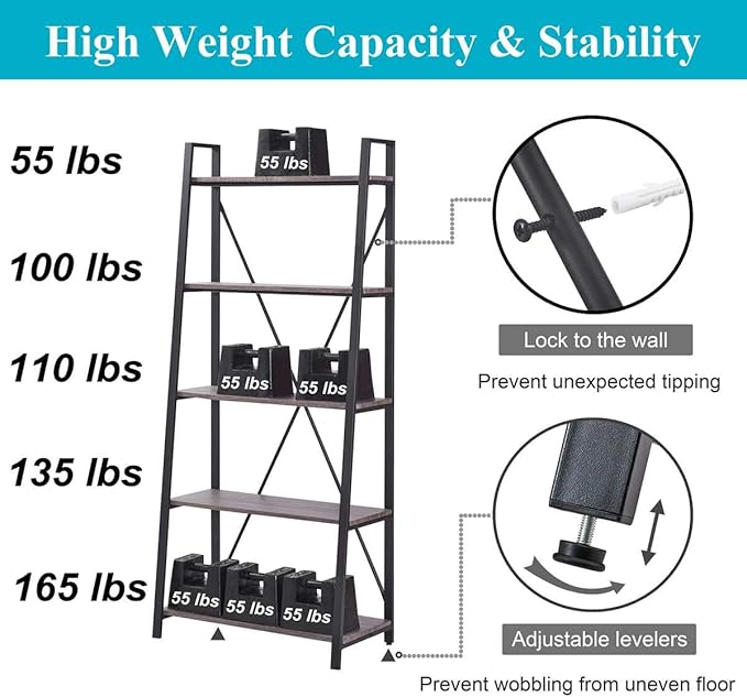 BON AUGURE 5-Tier Ladder Shelf, Industrial Leaning Bookcase, Wood and Metal Ladder Bookshelf for Living Room, Bedroom, Kitchen, Home Office (Grey Oak)