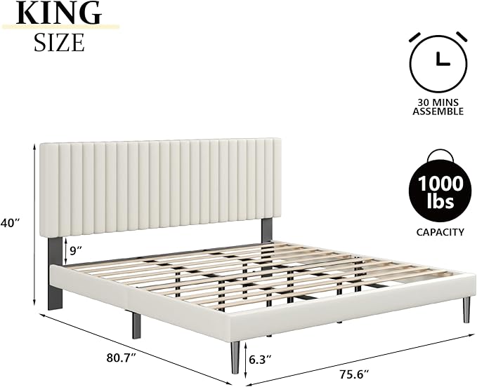King Size Bed Frame with Velvet Upholstered Headboard, Platform Bed with Strong Wood Slats, Mattress Foundation, Box Spring Optional, Easy Assembly, Beige