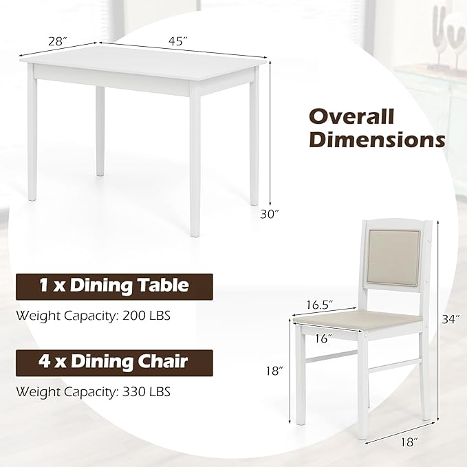 Giantex 5-Piece Dining Table Set for 4 - Breakfast Nook Table Set with Kitchen Table, 4 Upholstered Chairs, Wood Legs, Space-Saving Dinette Set, Kitchen Table Chairs Set of 4 (White+Beige)