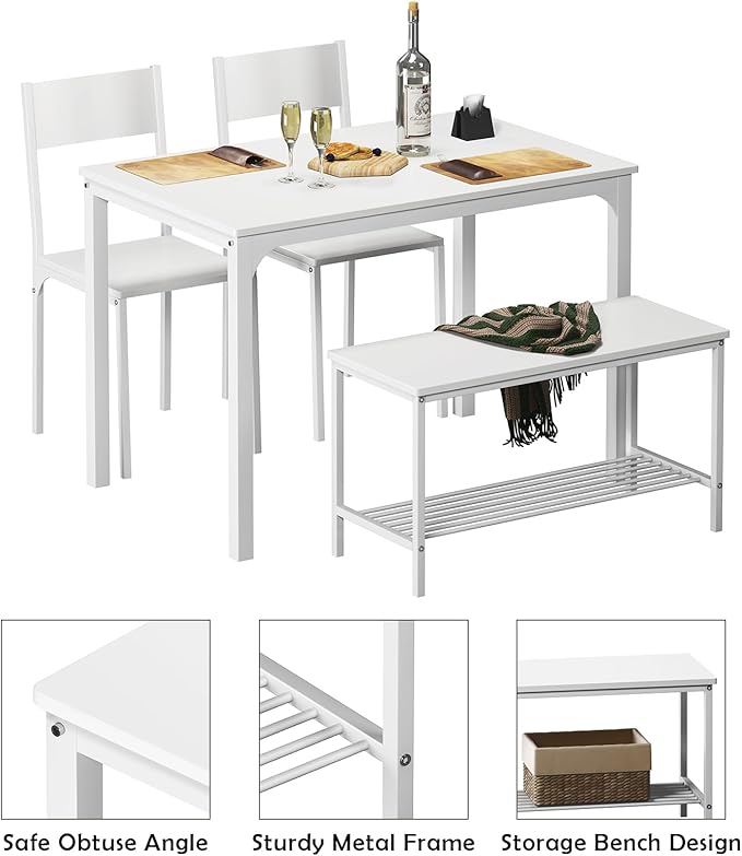 soges 4-Piece Dining Table Set with Bench - 4 Person Kitchen Table and 2 Chairs for Small Spaces, Apartment - Metal Frame & Woodgrain Tabletop, Space-Saving Design, Durable & Easy to Clean, White