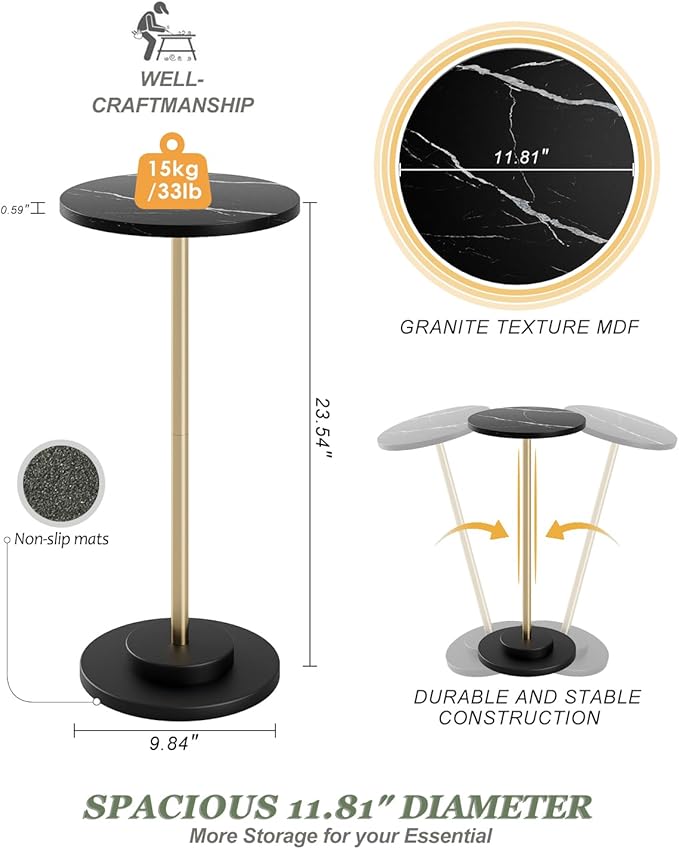 Round Side Table, Small Drink Table for Small Spaces, Modern Accent End Table Coffee Table with Metal Leg for Living Room, Bedroom, Corners, and Office (Black Marble)