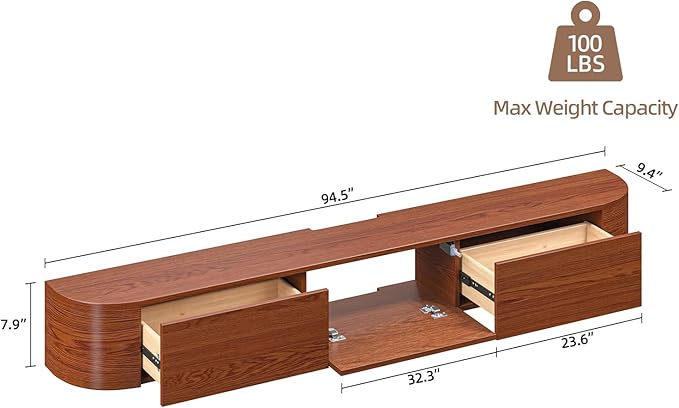 Fully Assembled Floating TV Stand with Drawers, 94IN Vintage Wall Mounted Entertainment Center, Minimalist Large Storage Console Under TV, Solid Wood Media Shelf for Living Room, Bedroom