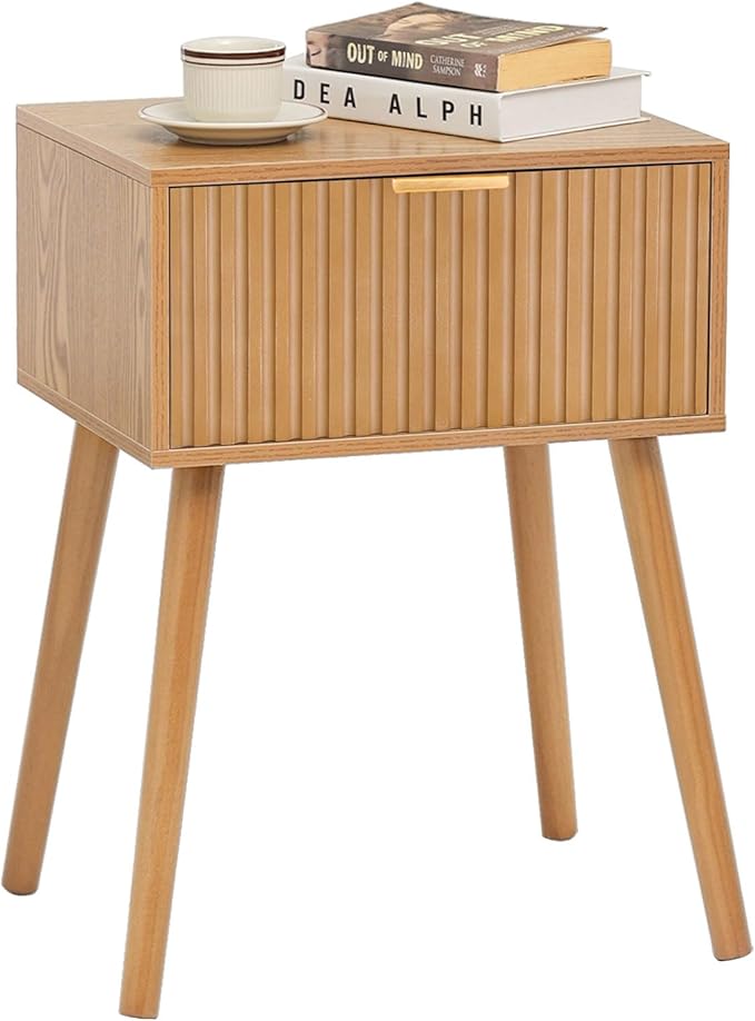 Fluted Nightstand, Small Bedside Table with Storage Drawer, Accent End Table Living Room for Bedroom and Small Space, Brown