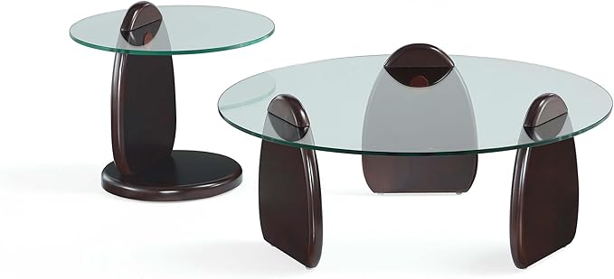 Manhattan Comfort Artesia 2 Piece Set, Round End and Coffee Tables with with Sleek Tempered Glass Top and Solid Wood Base, Living Room Accent Furniture for Modern Homes, Full Collection, Dark Walnut