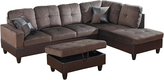 Couches for Living Room Comfy Flannel Fabric 3 Pieces Sectional Sofa with Chaise, Ottoman with Storage for Office and Small Apartment, Dark Brown