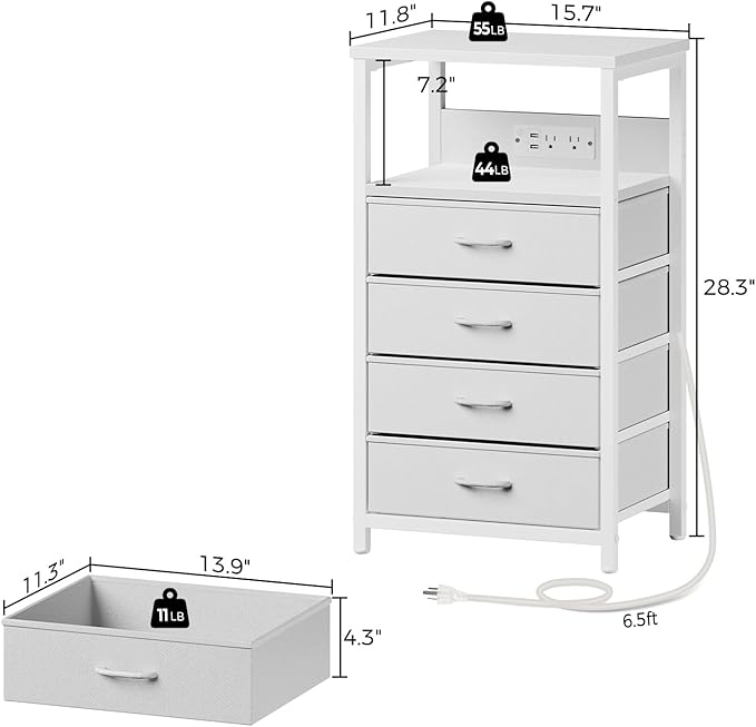 Seventable Night Stand with Charging Station, Tall Nightstand with 4 Fabric Storage Drawers, Side Table with LED Light for Bedroom, Entryway, White, Set of 2