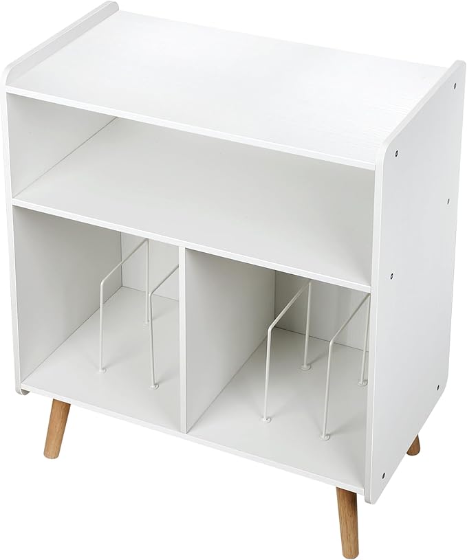 Mid-Century Wood Record Player Stand, Large Vintage Turntable Stand for Living Room, Office, 3-Tier Vinyl Record Storage Cabinet Table Holds up to 100 Albums, White