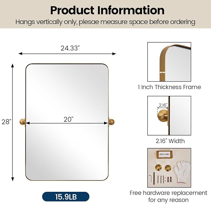 MOON MIRROR 20" x 28" Brushed Gold Metal Framed Pivot Rectangle Bathroom Mirror for Wall, Tilting Rounded Rectangular Vanity Mirror Hangs Vertical only