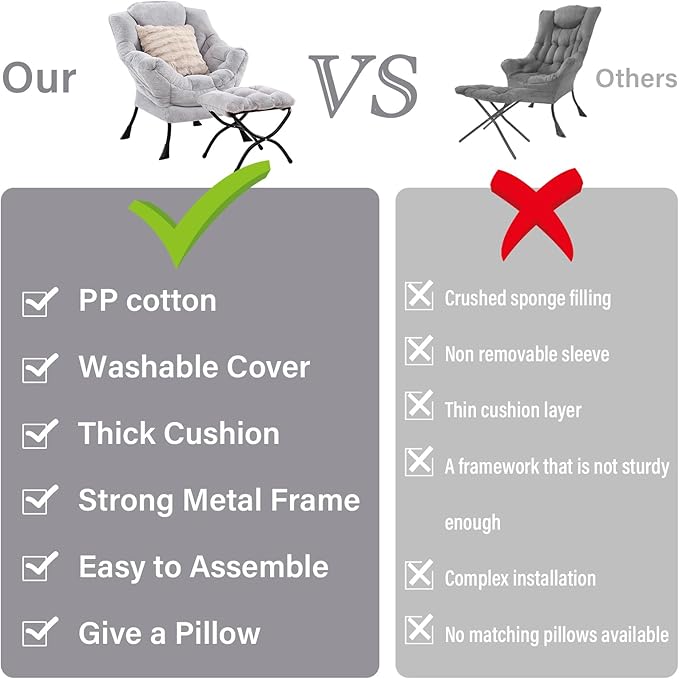Lazy Chair with Ottoman, Modern Large Accent Lounge Chair with a Pillow, Leisure Sofa Armchair, Reading Chair with Footrest for Bedroom, Living Room,Plush Light Grey