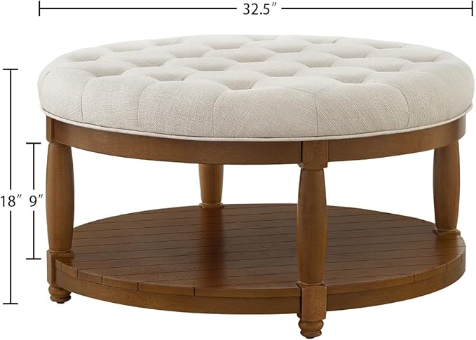 24KF Upholstered Round Coffee Table with Wooden Shelf, Tufted Button Large Round Ottoman with Spindle Wooden Legs, Linen Large Footrest Ottoman Pouf for Living Room, Ivory