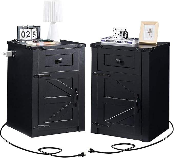 SOOWERY Nightstands Set of 2, Nightstand with Charging Station, Farmhouse End Table with Barn Door and Drawer, Rustic Wood Sofa Side Table for Bedroom, Living Room, Black