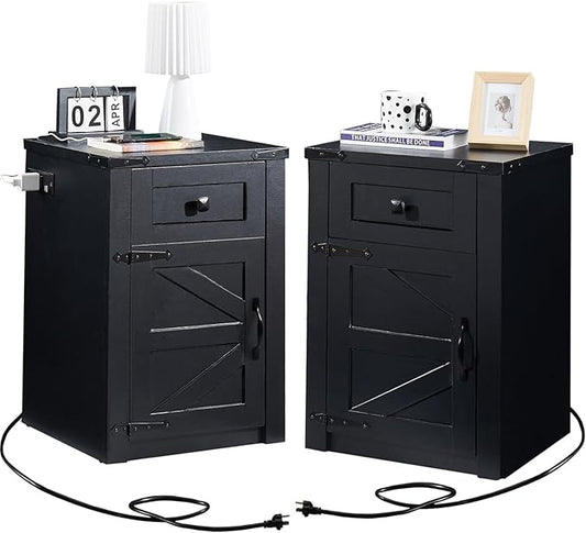 SOOWERY Nightstands Set of 2, Nightstand with Charging Station, Farmhouse End Table with Barn Door and Drawer, Rustic Wood Sofa Side Table for Bedroom, Living Room, Black